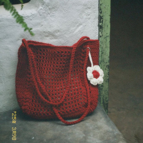 Cherry Red Bloom Crochet Tote